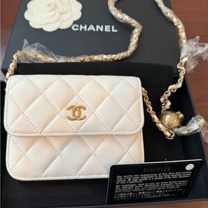 Auth CHANEL White Lambskin Mini Square Flap Bag Pearl Crush Gold Ball